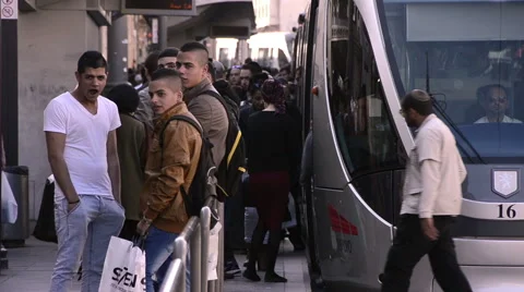 People on the tram stop Stock Footage 50375791