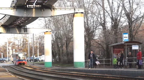 People at tram stop Stock Footage 68740321