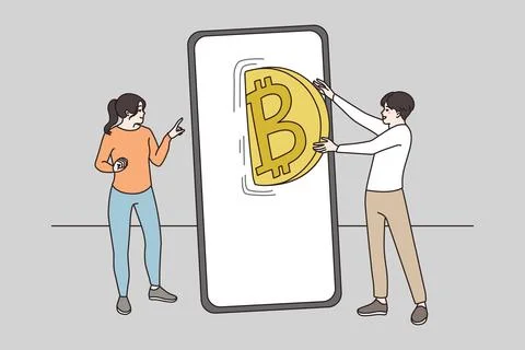 People transfer exchange bitcoin on cellphone application Stock Illustration
