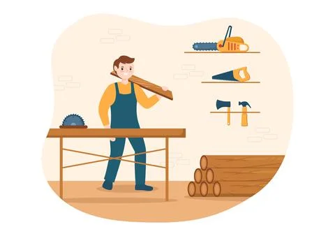 People Tree Cutting and Timber with Truck, Chainsaw Wooden and Tools Logging  Stock Illustration
