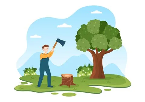People Tree Cutting and Timber with Truck, Chainsaw Wooden and Tools Logging  Stock Illustration