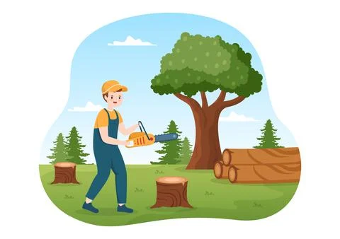 People Tree Cutting and Timber with Truck, Chainsaw Wooden and Tools Logging  Stock Illustration