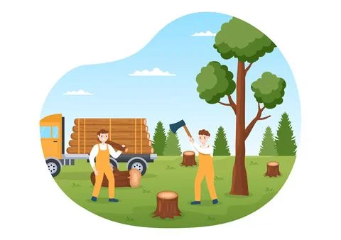 People Tree Cutting and Timber with Truck, Chainsaw Wooden and Tools Logging  Stock Illustration