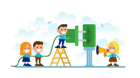 People try to attach a cable. Stock Illustration
