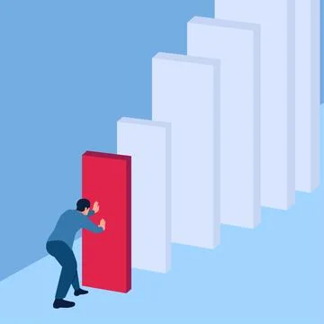 People try to knock down red dominoes at the start, a metaphor of starting .. Stock Illustration