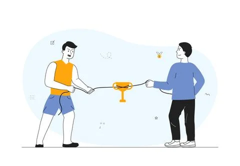 People tug of war. Men pull rope with cup. Competition and tournament. Metaphor Stock Illustration