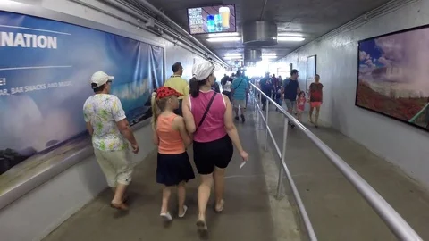 PEOPLE IN TWO LINES WALKING IN NIAGARA ATTRACTION WAITING FOR BOATING Vídeo Stock 85368789