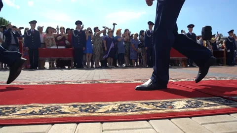 People In Uniform Marching Along The Red Carpet Video stock 87570697