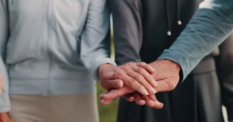 People, unity and hands together in nature for fitness, exercise or outdoor Stock Footage 338170699