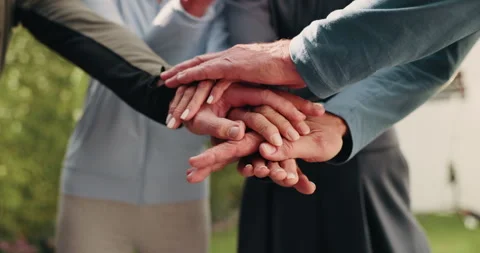 People, unity and hands together in backyard for fitness, exercise or outdoor Stock Footage 338170807