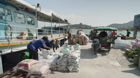 People unload rice sacks, boxes, and goods from a boat onto a dock in Ranong Stock Footage 325835701
