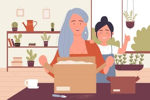 People unpack open postal package, happy family, mother and daughter pack parcel Stock Illustration