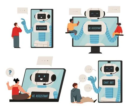 People use AI artificial intelligence robots, vector illustration set isolated. Illustrazione stock