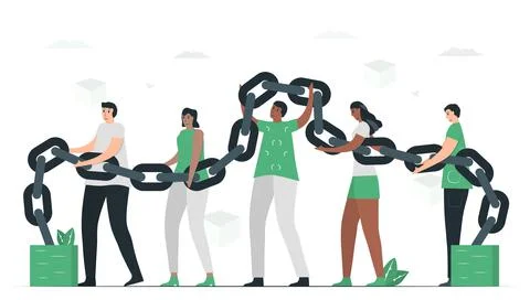 People use blockchain to make database together. This technology can keep sec Stock Illustration