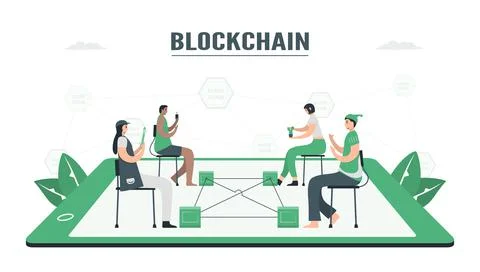 People use blockchain to make database together. This technology can keep sec Stock Illustration