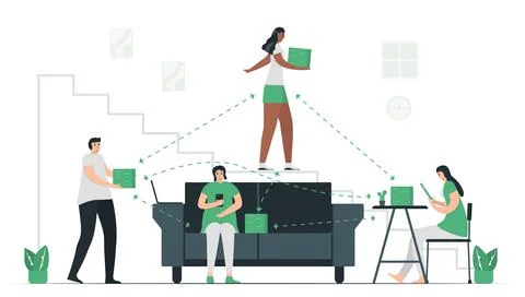 People use blockchain to make database together. This technology can keep sec Stock Illustration