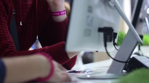 People use large modern touch screen monitor Stock Footage 73267533