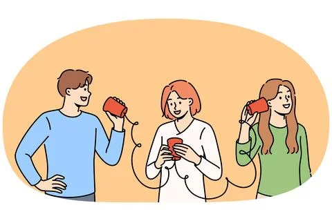 People use phone made of cups and ropes, eagerly exchanging information through Stock Illustration