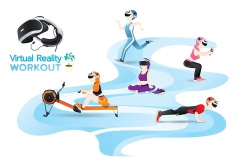 People use Virtual reality machine for workout, exercise with imagination. Stock Illustration
