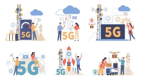 People using 5g. Users of network options, urban wireless technologies, high 스톡 일러스트
