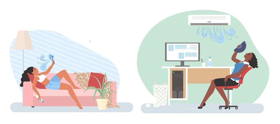 People using air conditioner, fan for cooling office and home, vector イラスト素材