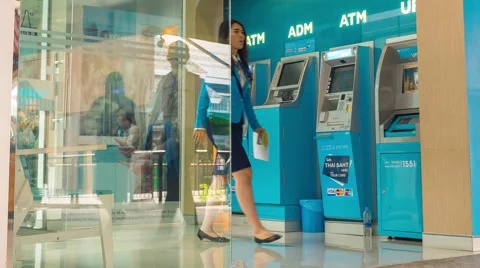 People Using ATM Cash Machine in Business Center. Time Lapse 스톡 동영상 53808203