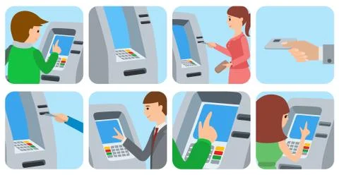 People using ATM machine. Vector illustration icons isolated white background イラスト素材