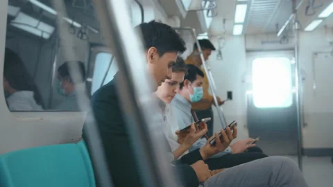 The people is using cell phone in public metro train , people lifestyle in ur Vídeo Stock 150502735
