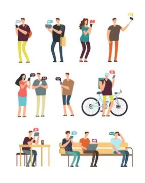 People using cellphone, mobile internet and smartphone addiction vector concept Illustrazione stock