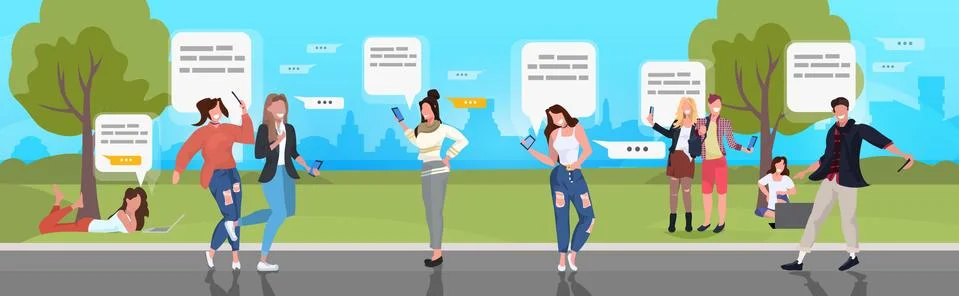 People using chatting apps on digital devices social network speech chat bubb Stock Illustration
