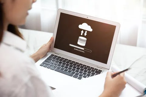 People using Cloud Drive Technology Download or Upload Load Save Files from.. Stock Photos