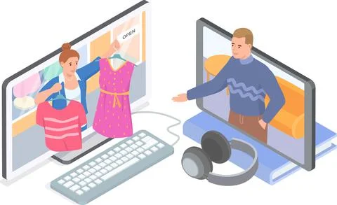 People using computer and smartphone to choose dress on website, online shopping Stock Illustration