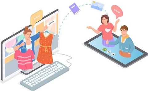 People using computer and smartphone to choose dress on website, online shopping Stock Illustration