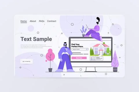 People using computer app for searching houses for renting or buying online real Stock Illustration