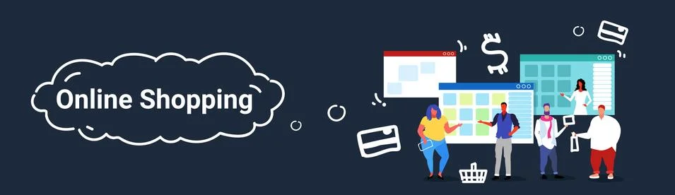 People using computer application online market shopping concept men women Stock Illustration