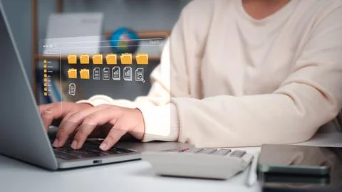 People using computer manage to folder document, Management System DMS Open.. Stock Photos