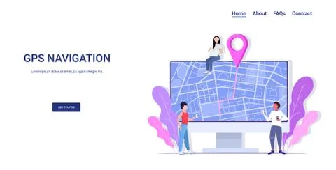 People using computer navigation app to get direction to destination address  Stock Illustration