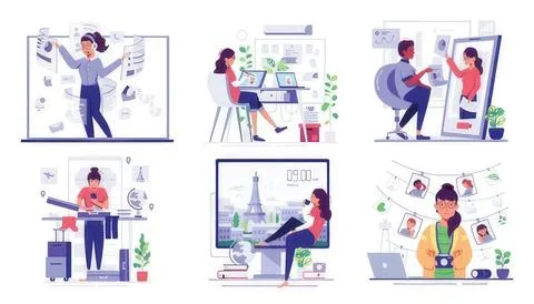 People using computers and technology in various work and leisure settings Ilustración de archivo