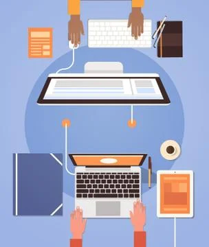 People Using Computers Businesspeople Hand Workplace Desk Top Angle View Laptop Stockillustratie