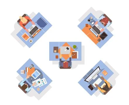 People Using Computers Businesspeople Workplace Desk Top Angle View Laptop Stock Illustration
