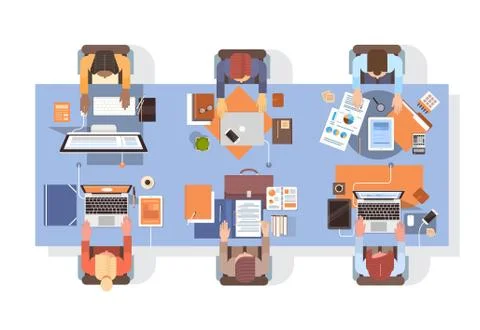 People Using Computers Businesspeople Workplace Desk Top Angle View Teamwork Stock Illustration