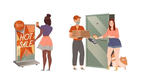 People using contactless mobile payment system at store and pizza delivery 库存插图