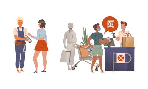 People using contactless mobile payment system at supermarket and paying for 库存插图