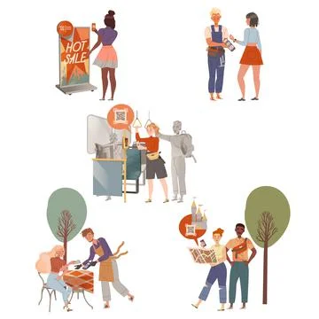 People using contactless payment for buying at store set. Buyers scanning qr Stock Illustration