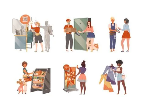People Using Contactless Payment for Buying at Store, Public Transport, Pizza イラスト素材
