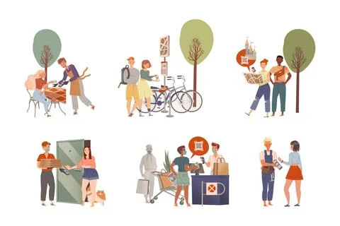 People Using Contactless Payment for Buying at Store, Renting Bicycle, Excursion イラスト素材