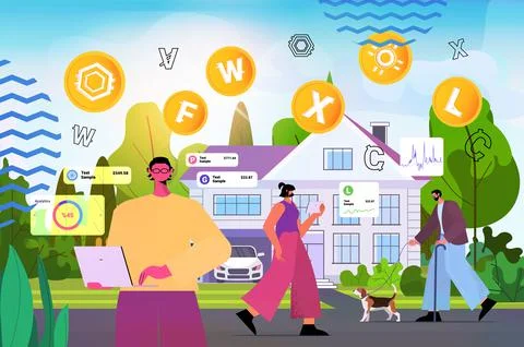 People using cryptocurrency mining app on gadgets virtual money transfer Stock Illustration