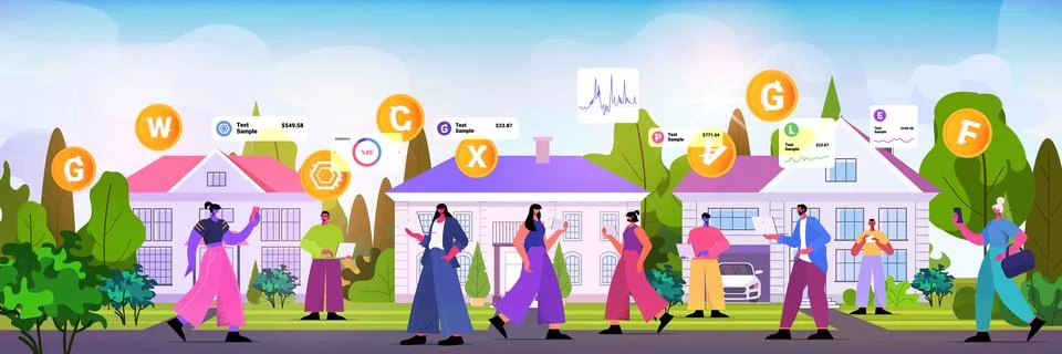 People using cryptocurrency mining app on gadgets virtual money transfer Illustrazione stock