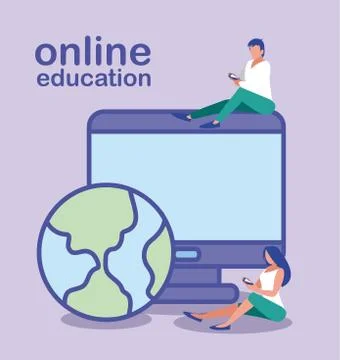 People using desktop computer, online education Stock Illustration