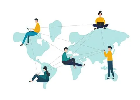 People using devices on a world map network illustration Stock-Illustration